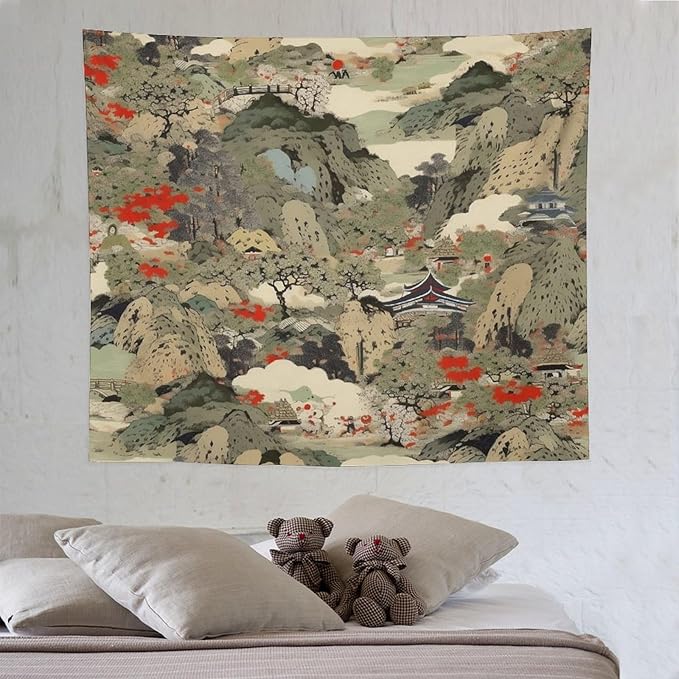 Asian Tapestry,Japanese Red Landscape Asian Watercolor Abstract Art Tapestry, Asian Japanese Wall Tapestry, Nature Landscape Tapestries for Bedroom Living Room Decor 60"x50"
