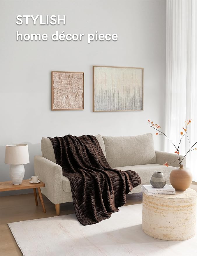 YnM Chunky Cotton Knit Throw Blanket, Cable Knit Throws for Bed Couch Sofa, Comfy & Relaxing, Decorative Piece for Farmhouse Modern Boho Rustic Scandinavian Chic Vibe, Chocolate Brown 50x60 Inches