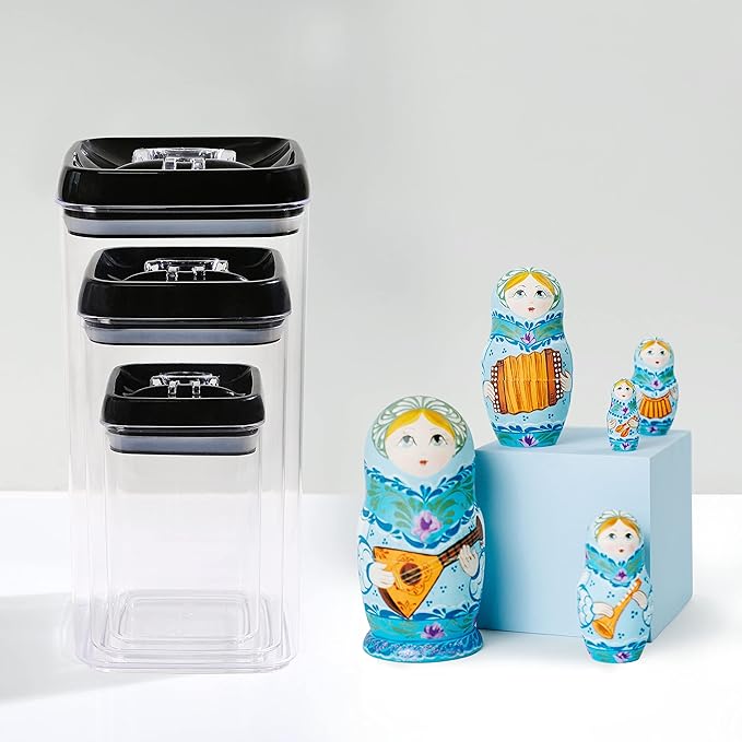 Felli Flip Tite Storage Container with Lid 6" XL Air Tight Ring Lock Top, Clear Acrylic Canister Set for Kitchen, Pet Cat Dog Food Treats, 5 lb Flour Sugar Pantry Organizer (Nest-L, Black)