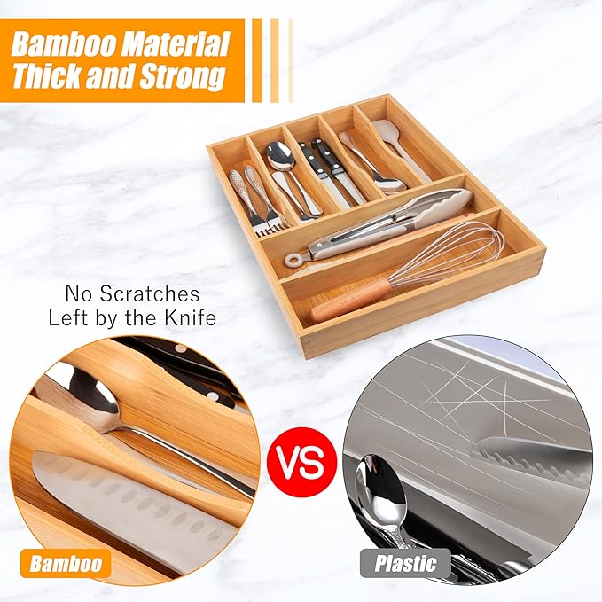 Bellsal Bamboo Silverware Drawer Organizer, Kitchen Utensil Drawer Organizers, 12"x15.7" Utensils Holder Cutlery Tray with Grooved Drawer Dividers for Kitchen Flatware Bedroom Office(7 Slot, Natural)