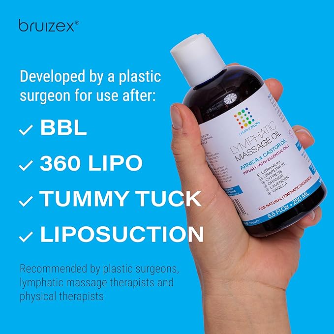 Lymphatic Drainage Massage Oil with Arnica & Cold Pressed Castor Oil I Post Surgery Recovery & Post Liposuction, BBL, 360 Lipo, Tummy Tuck I Fibrosis Treatment, Body Detox I 8.5 Oz by Bruizex