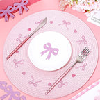 Whaline 4Pcs Round Placemats Pink Bow Embroidered Place Mats Coquette Bow Dinner Table Mats for Home Wedding Baby Shower Birthday Party Decor