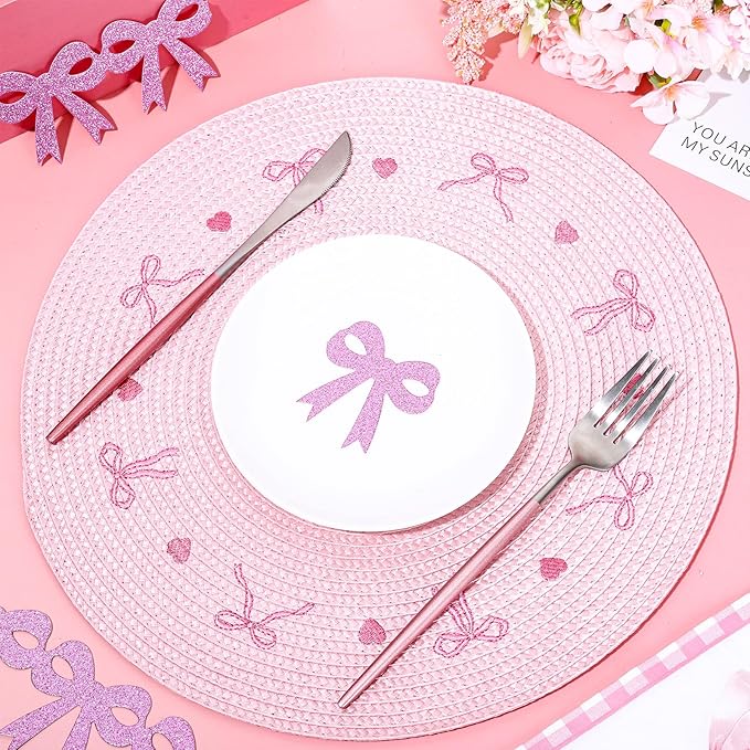 Whaline 4Pcs Round Placemats Pink Bow Embroidered Place Mats Coquette Bow Dinner Table Mats for Home Wedding Baby Shower Birthday Party Decor