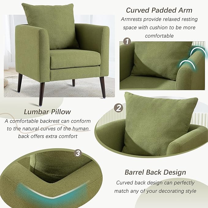 Barrel Accent Chair Set of 2 with Back Pillow, Large Upholstered Armchair with Solid Wood Legs Modern Reading Chairs for Living Room Bedroom