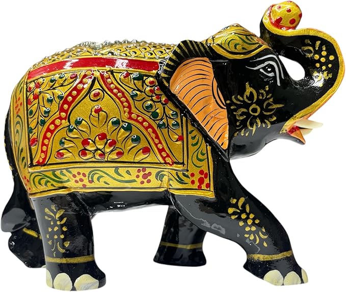 Handcrafted Wooden Elephant Figurine – Traditional Artwork, Gold & Gemstone Embellishments – Lucky Decorative Elephant Statue for Prosperity | Beautiful Elefantes Decorativos para Sala (Black & Gold)