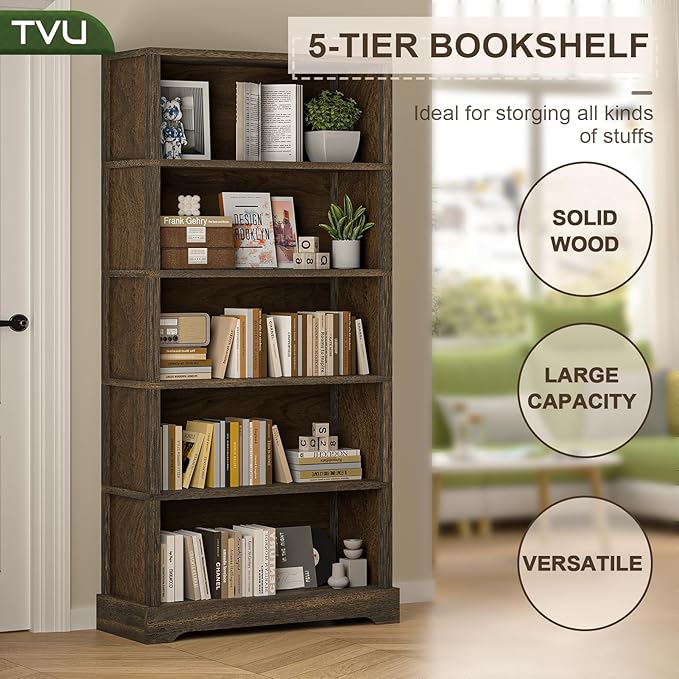 TVU 5-Shelf Wood Bookcase, 65 Inch Tall Bookshelf with Storage, Floor Standing Display Book Shelf, for Living Room Bedroom Study Office, Rustic Brown