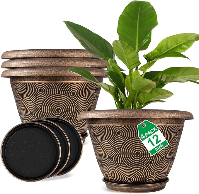 12 Inch Large Planter Pot for Plants Indoor Outdoor, 4 Pack Plastic Flower Pots with Drainage Hole & Tray, Modern Decorative Garden Pot with Saucer, Plant Container for House