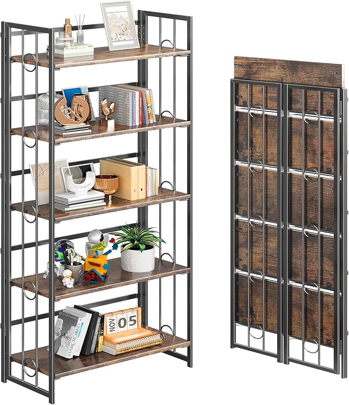 4NM No Assembly 5 Tiers Folding Bookshelf, 59.4" H Foldable Storage Shelves Vintage Bookcase Standing Racks Study Organizer Home Office - Rustic Brown Black