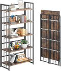 4NM No Assembly 5 Tiers Folding Bookshelf, 59.4" H Foldable Storage Shelves Vintage Bookcase Standing Racks Study Organizer Home Office - Rustic Brown Black