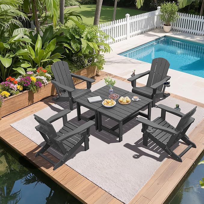 SERWALL Patio Coffee Table, HDPE Rectangle Outdoor Coffee Table Set of 2, Grey