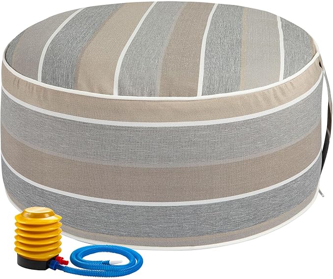 FUNHOME Inflatable Outdoor Ottoman with Air Pump,20"x9" Portable Patio Pouf,Water Resistant,Fade-Resistant,Round Blow Up Footrest Stools for Home Garden Camping Travel(Gray Stripe)