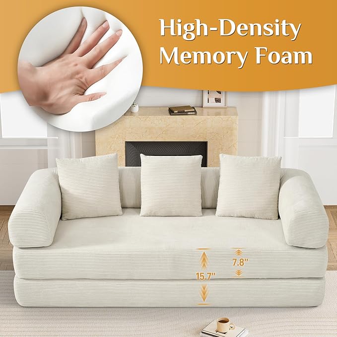 Convertible Sleeper Sofa Bed with Pillow, 4-in-1 Corduroy Folding Mattress Couch with Fixed-Shape Frame, Fold Out Floor Sofa Cama Lounge Couch for Living Room Bedroom Studio, Beige White