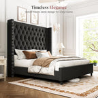 PaPaJet Queen Size Bed Frame with 61.4" Tall Headboard, Velvet Modern Upholstered Tufted Bed for Adults, Handmade Deep Button Tufting, Solid Wood Legs, No Box Spring Required, Black