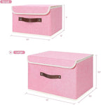 ANMINY 2PCS Storage Bins with Lid PU Leather Handles Storage Boxes PP Plastic Board Decorative Foldable Lidded Cotton Linen Fabric Home Cubes Baskets Closet Organizer Containers - Pink, Large Size