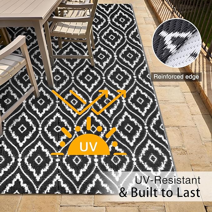 OLANLY Outdoor Rug 5x8 ft Waterproof, Outdoor Plastic Straw Rug with Geometric Pattern Clearance, Reversible RV Mat for Patio, Camping, Balcony, Deck, Backyard, Black & White