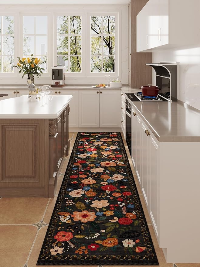 Runners for Hallways Kitchen Rug Non Slip 2'x 10' Long Washable Runner Rugs with Rubber Backing Soft Floral Carpet Runner for Hallways, Kitchen, Laundry, Bedroom, Bathroom(Black)