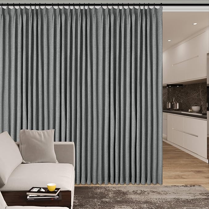Extra Wide 100% Blackout Linen Textured Curtains - Room Dividers, W150 x L108 (1 Panel), Pinch Pleat Drapes for Living Room, Full Light Block Out Drapery for Sliding Door, Mid Grey