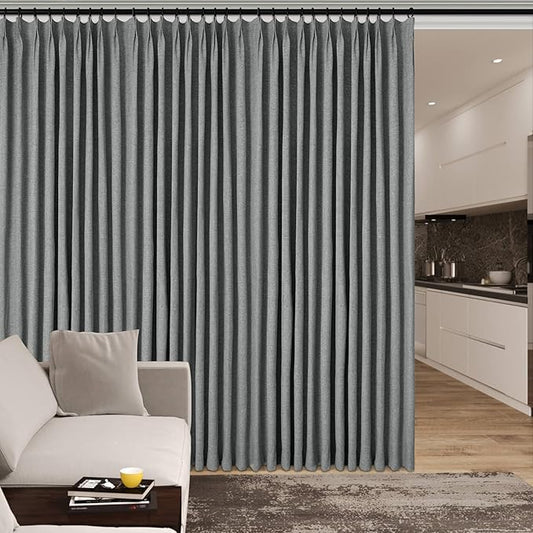 Extra Wide 100% Blackout Linen Textured Curtains - Room Dividers, W150 x L108 (1 Panel), Pinch Pleat Drapes for Living Room, Full Light Block Out Drapery for Sliding Door, Mid Grey