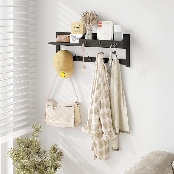 AMBIRD Wall Hooks with Shelf 26.57inch Entryway Wall Hanging Shelf Wood Coat Hooks for Wall Coat Rack Wall Mount Rack with 5 Dual Hooks 3 Key Hooks Mail Organizer and Key Rack Key Holder (Black)