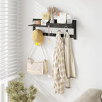AMBIRD Wall Hooks with Shelf 26.57inch Entryway Wall Hanging Shelf Wood Coat Hooks for Wall Coat Rack Wall Mount Rack with 5 Dual Hooks 3 Key Hooks Mail Organizer and Key Rack Key Holder (Black)