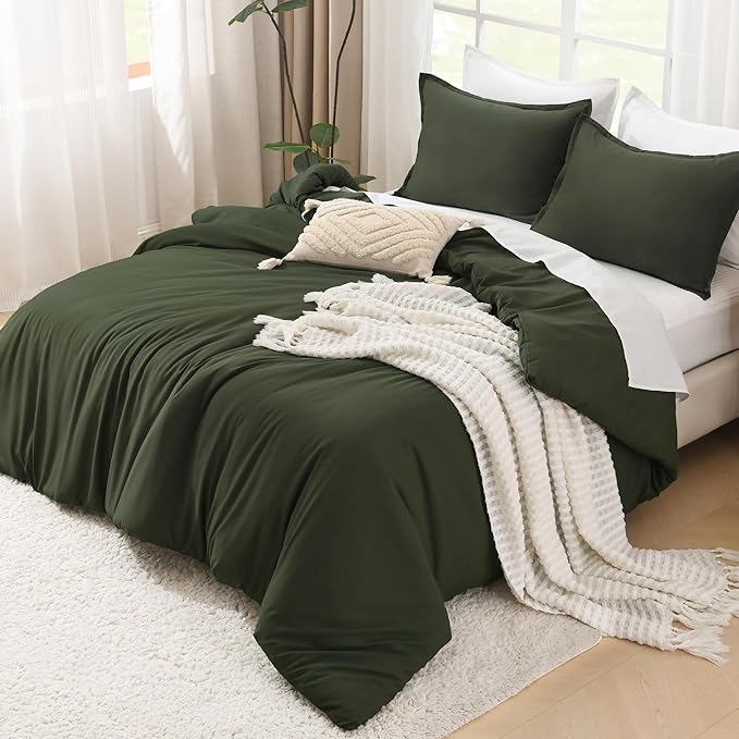 Litanika Comforters Olive Green Oversized Queen Size, 3 Pieces Lightweight Solid Bedding Comforter Set, All Season Fluffy Bed Set (98x98In Comforter & 2 Pillowcases)