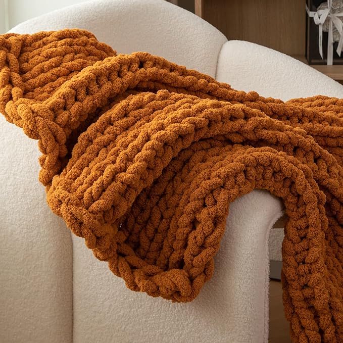 WESHIONGOO Chunky Knit Blanket Throw 40"×40" Knitted Throw Blankets for Couch Bed Fall Throw Blanket Fluffy Soft Blanket with Jumbo Chenille Yarn Thick 100% Handmade (Burnt Orange)