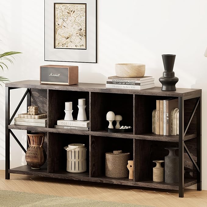 8 Cube Storage Organizer Bookshelf, Industrial Horizontal Bookcase, Accent Cubby Shelf, Media Console Table for Living Room, Home Office, 63 Inches, Dark Grey Oak