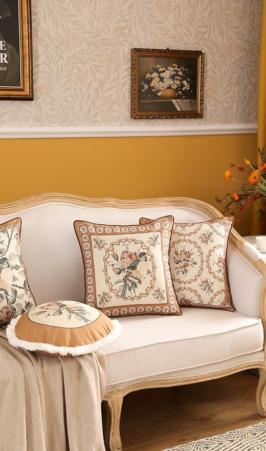 patdrea Designer Vintage Floral Throw Pillow Covers for Couch Set of 4,Brown Yellow Linen Pillowcases with Bird and Rose Pattern Decorative Cushion Cover for Bedroom Living Room Outdoor Car Cafe