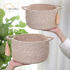 Small Soft Organizer Baskets，Decorative Mini Round Woven Rope Storage Bin Empty Gift Baskets for Man，Office, Desk Decor, Gifting, Kids, Toys, Pre Shaped, Brown, 2 Pack