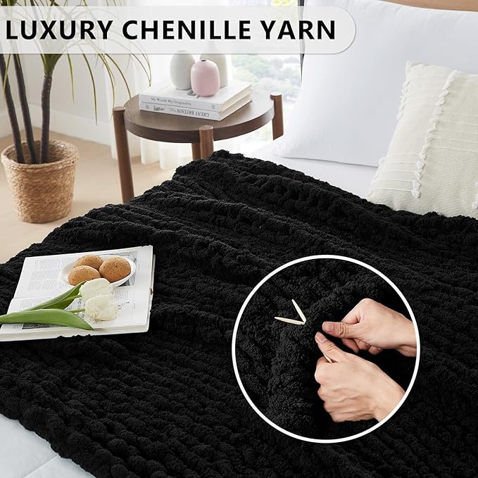 L'AGRATY Chunky Knit Blanket Throw: Soft Chenille Yarn Throw Blanket 50x60 - Handmade Thick Cable Crochet Blanket - Large Chunky Rope Throw Blanket for Couch Sofa Bed Home Decor(Black)