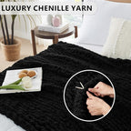 L'AGRATY Chunky Knit Blanket Throw: 80''x90'' Chenille Chunky Knitted Throw Blanket for Bed Couch - Handmade Thick Big Cable Knit Blanket - Large Chunky Crochet Rope Blanket for Home Decor(Black)