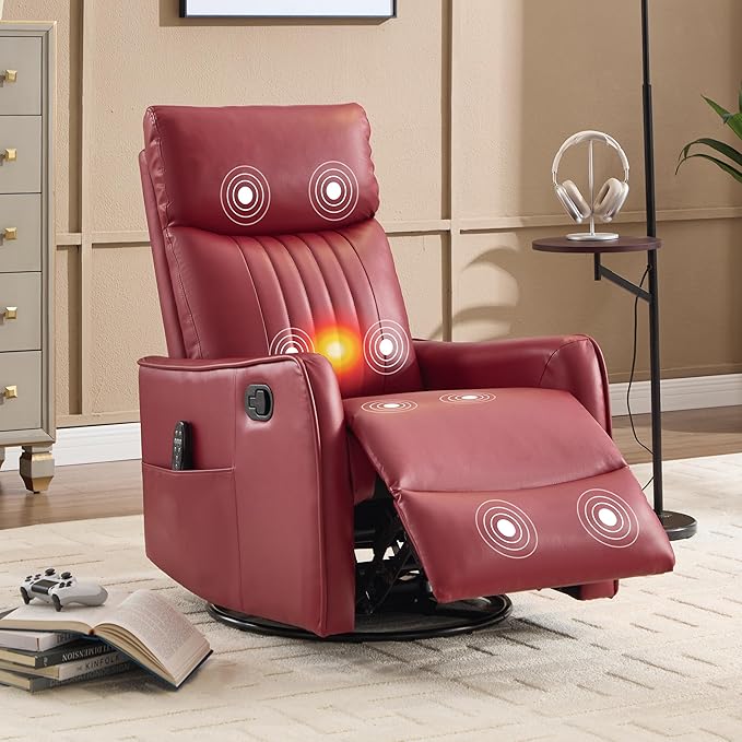 Manual Swivel Rocker Recliner Chair for Adults, Overstuffed Reclining Glider Chair for Nursing with Vibration Massage & Heat, Living Room Rocking Recliner 2-Stage backrest, Faux Leather Red