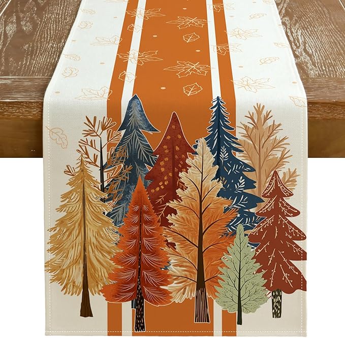 GEEORY Fall Watercolor Trees & Maple Leaves Striped Table Runner 13x60 Inch, Rustic Farmhouse Autumn Thanksgiving Decor for Kitchen, Dining, Indoor/Outdoor Holiday Dinner Party Orange GT157-60