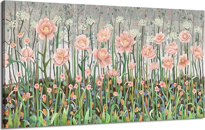 amatop Large Floral Wall Art Modern Abstract Flower Field Canvas Picture Botanical Artwork Rustic Wall Decor for Living Room Bedroom Pink Green Blooming Wildflower Forest Nature Art Print 48x24in