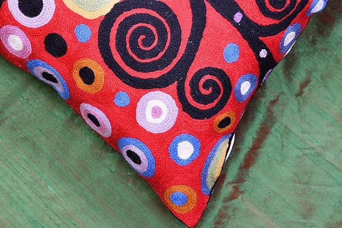 Klimt Tree of Life Pillow Cover | Red Floral Pillowcase | Flower Accent Pillows |Suzani Cushions | Flower Pillows | Modern Floral Cushion Cover | Hand Embroidered Wool Size - 18x18