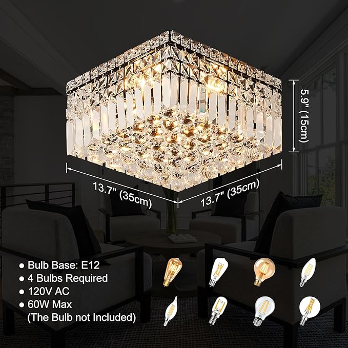 4-Light Black Crystal Chandeliers Flush Mount Chandelier Light Fixture with K9 Crystals Modern Ceiling Lights Elegant Square Lamp for Bedroom,Hallway,Bar,Living Room,Dining Room,H5.9 xW13.7