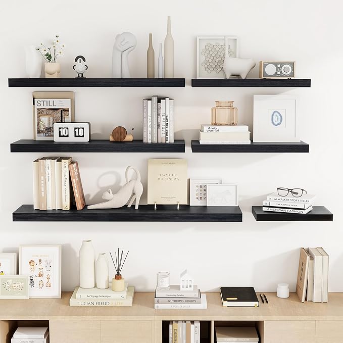 24 Inch Floating Shelves, 24"x9.25"x1.5" Inch Deep Floating Shelves for Wall, Wooden Shelves for Bathroom, Bedroom, Living Room, Black