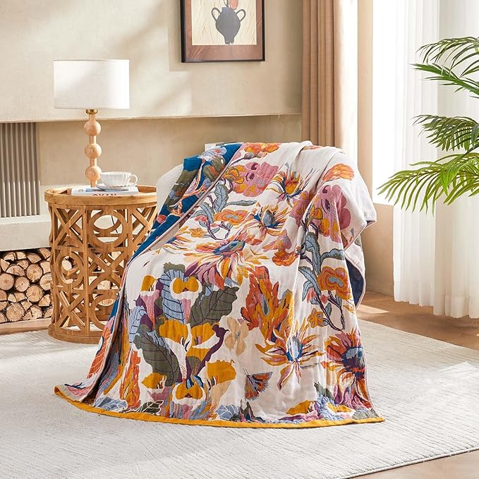 Boho Throw Blanket, 100% Cotton Ultra Soft Luxury Throw Rustic Quilt, 50"x60" Floral Bird Butterfly Farmhouse Decor Bed Blankets, All Season Rustic Reversible Bohemian Throw for Bed - Yellow