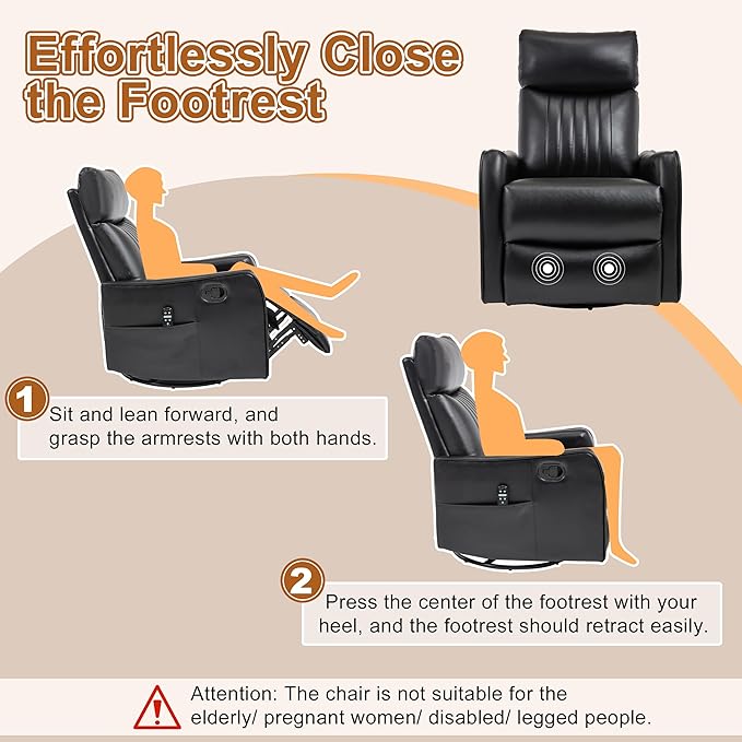 Manual Swivel Rocker Recliner Chair for Adults, Overstuffed Reclining Glider Chair for Nursing with Vibration Massage & Heat, Living Room Rocking Recliner 2-Stage backrest, Faux Leather Black