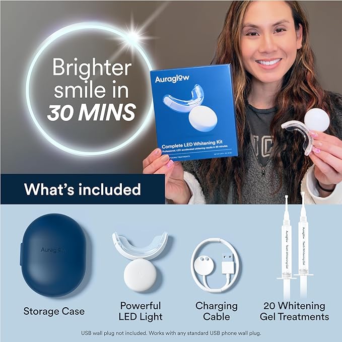 Auraglow Teeth Whitening Kit, LED Accelerator Light, 35% Carbamide Peroxide Teeth Whitening Gel, 20+ Whitening Treatments, Whitens up to 10 Shades in 7 Days
