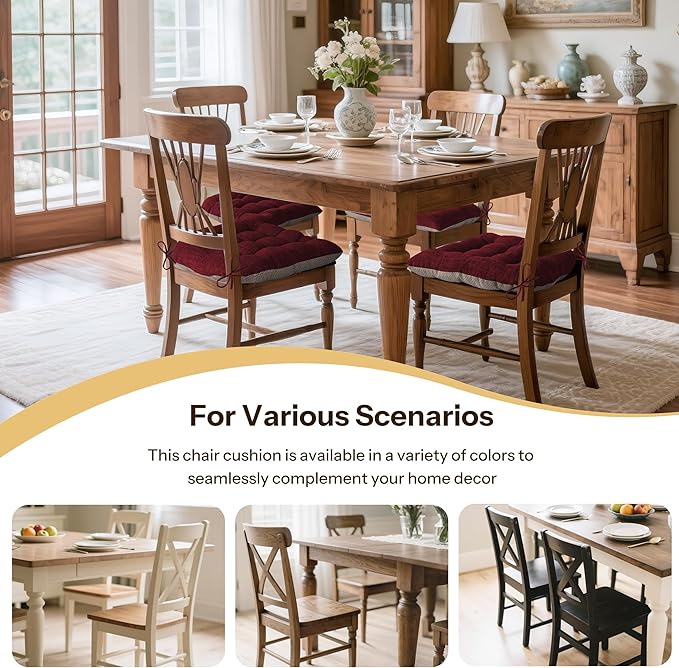 Non Slip Chair Cushions for Dining Chairs Set of 4 Kitchen Chair Cushions 18"x18"x3" Turfted Chair Pads Comfortable and Soft Seat Cushion with Ties, Burgundy