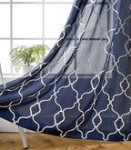 MIUCO Moroccan Embroidery Semi Sheer Curtains Faux Linen Grommet Window Curtains for Living Room 52 x 63 Inch 2 Panels, Navy Blue