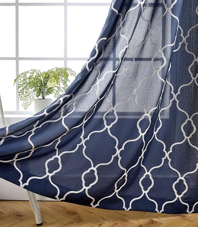 MIUCO Moroccan Embroidery Semi Sheer Curtains Faux Linen Grommet Window Curtains for Living Room 52 x 63 Inch 2 Panels, Navy Blue