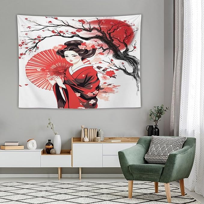 Japanese Red Geisha Tapestry Asian Cherry Blossom Traditional Kimono Folk Tapestries Home Decor for Living Room Bedroom Apartment Farmhouse Dorm 80"x60"