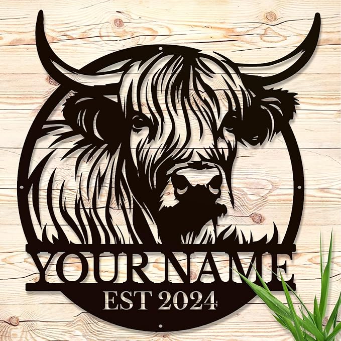 Personalized Highland Cow Name metal Signs,Custom Highland Cow Metal Shed Wall Decor,Black Metal Wall Art Plaques Outdoor wall Decorative Signage (Style F)