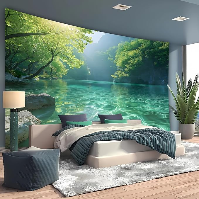 BSFHH Nature Tapestry Forest Tree Sea Cave Wall Hanging, Stream Through Rainforest Landscape Wall Art Tapestry for Bedroom Living room (Lake View, 90"×70", Unframed)