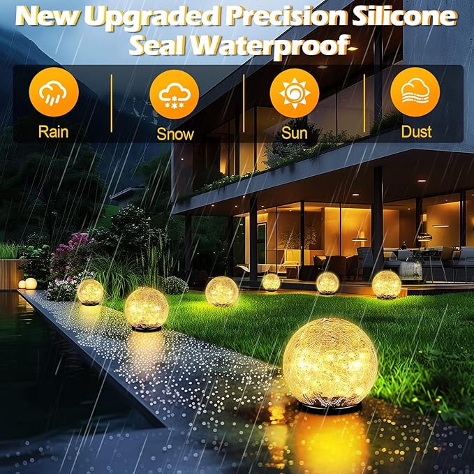 Garden Solar Ball Lights Outdoor Waterproof, 80 LED Cracked Glass Globe Solar Power Ground Lights for Path Yard Patio Lawn, Christmas Decoration Landscape Warm White(2 Pack 5.9'')