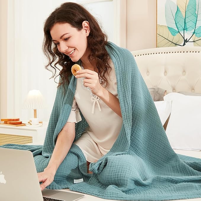 EMME Cotton Blanket Twin XL for Bed Soft Muslin Blankets 66"x90" Lightweight Breathable Layering Bedspread Coverlet All Season Gauze, Teal