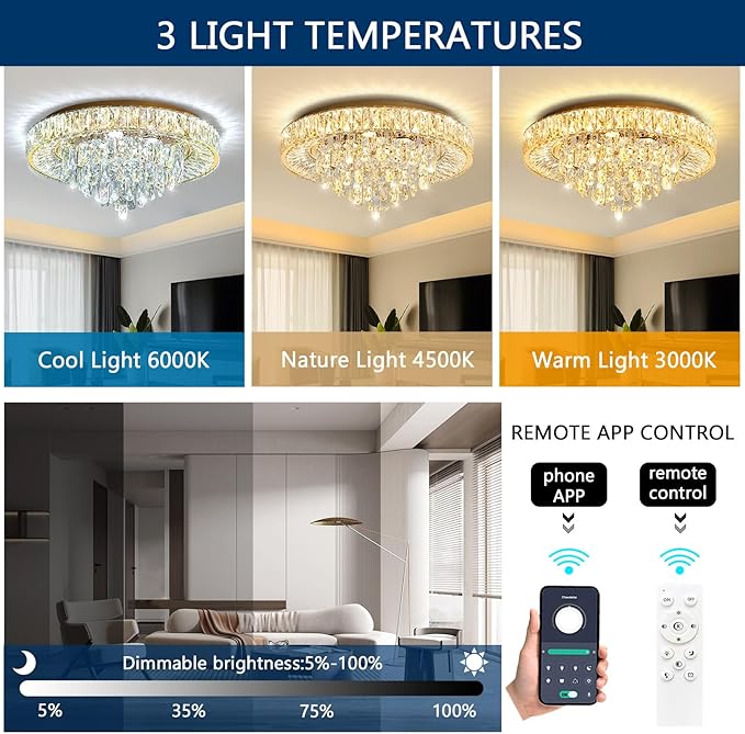 23.6'' Modern Crystal Chandeliers LED Dimmable Flush Mount Ceiling Chandeliers for Living Room Entrance Foyer Bedroom Gold