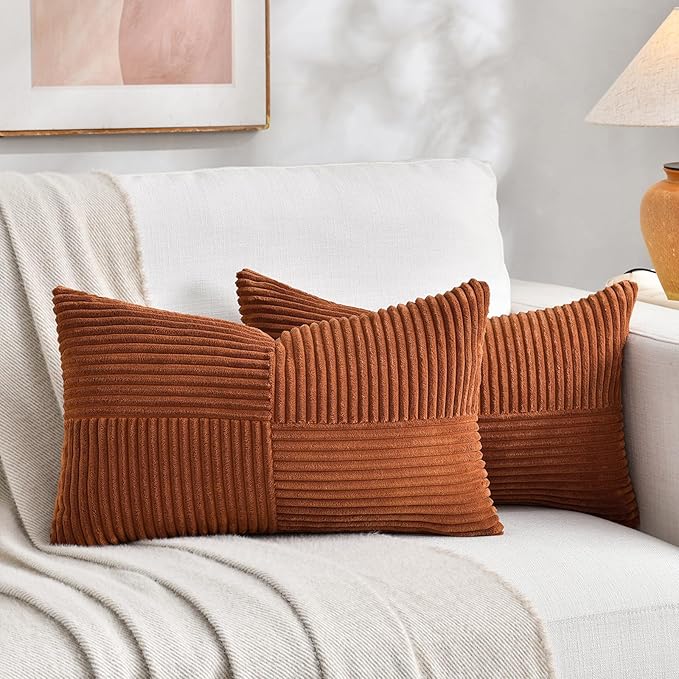 Fancy Homi 2 Packs Rust Lumbar Decorative Throw Pillow Covers 16x32 Inch for Couch Bed Sofa, Rustic Farmhouse Boho Home Decor, Soft Striped Corduroy Rectangle Accent Terracotta Cushion Case 40x80 cm
